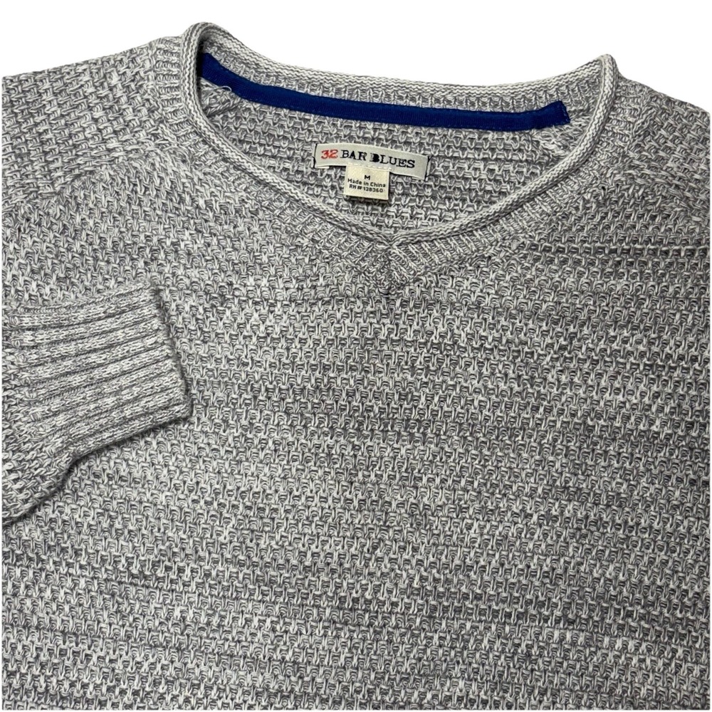 32 Bar Blues Mens Medium Chunky Knit‎ 100% Cotton Heather Gray V-Neck Sweater